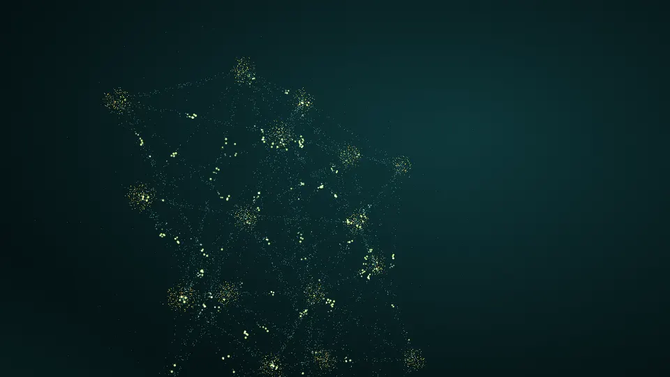 The same particles regrouped into a network of amber nodes joined by thin lines